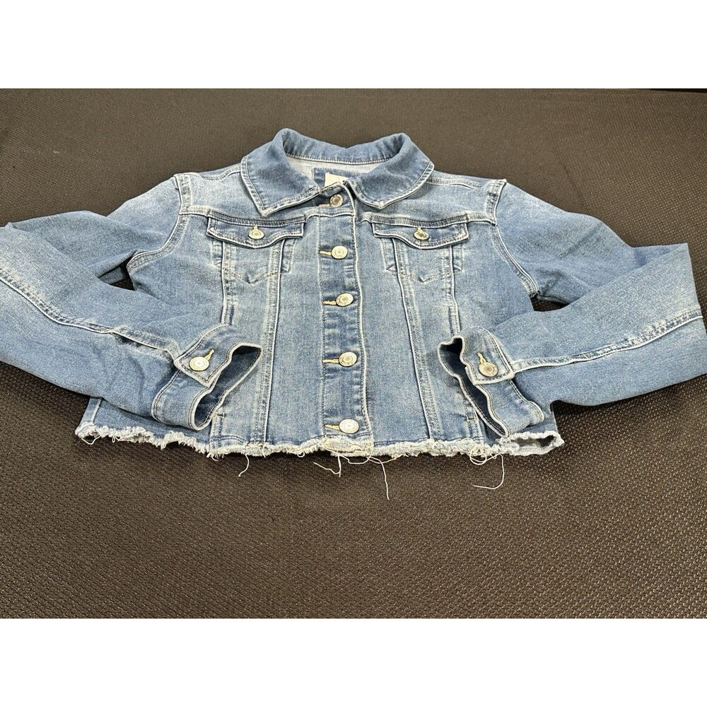 SO Girls Denim Jean Jacket L 10/12 Cropped Frayed Hem Blue Trucker